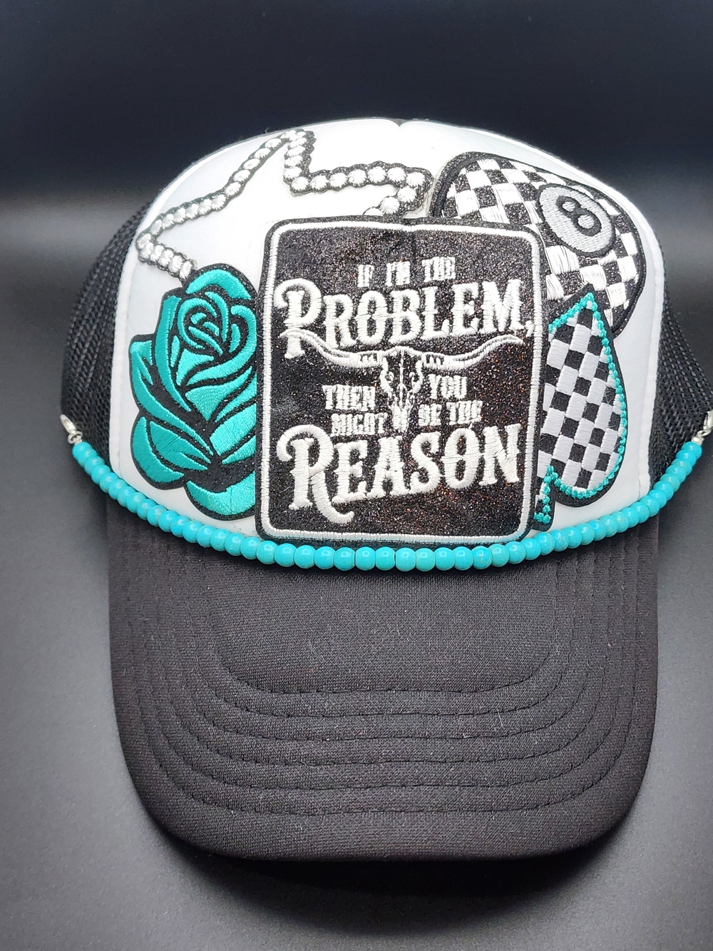 Embellished Black & White Trucker Hat with Teal Accents